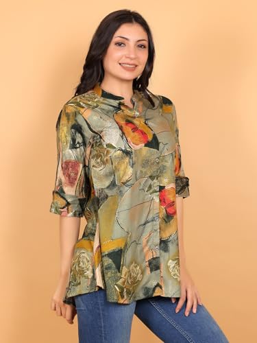Image of FIMS - Fashion is my style Rayon Abstract Printed Short Kurti for Women, Tunics Tops, Ethnic Wear for Office, Flared, Mandarin Collar V Neck, Roll-Up Sleeves, Summer Wear, Ideal Gift for Girls