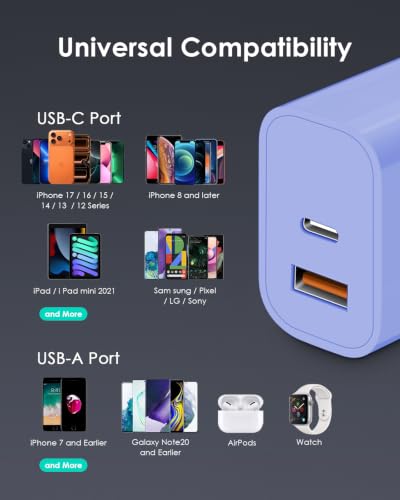 Image of [4 Pack] USB C Charger Block Fast Charging Multiport Adpater [PD 20W USB-C & QC 3.0 USB-A Port] for iPhone 17 /16 /15 /14 /13 /12 /11 /X /9, iPad, Galaxy, Google & More [Ultramarine]
