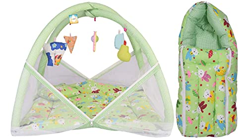 Image of Kwitchy Baby Bed New Born Baby Bedding Set | Mosquito Net | Play Gym | Baby Shower | Gift Pack | Essential Combo (0-6 Months) Green