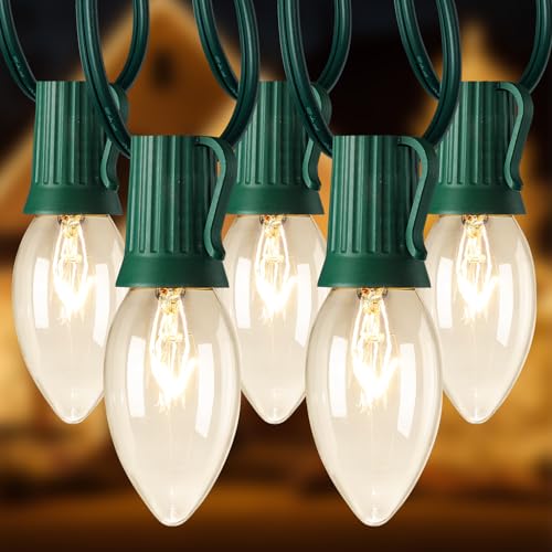 C9 Christmas String Lights Outdoor Christmas Tree Lights String - Hanging Christmas Roofline Lights - Patio Lights for Outdoor Decor (Clear Green Wire, 25FT)