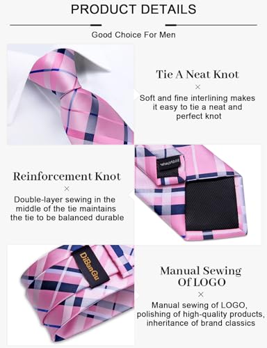 Image of DiBanGu Mens Silk Plaid Tie and Pocket Square Set | Elegant Silk Formal Tie Set, Woven Check Necktie and Cufflinks Tie Clip Set, Perfect for Wedding Party, Comes in Gift Box