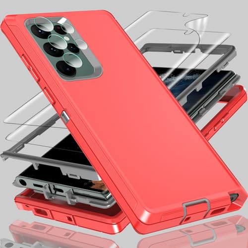 Coque Samsung S22 Ultra antichoc rouge et gris avec protections d'écran et d'objectif intégrées