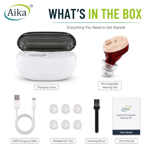 Image of Aika Rechargeable Digital Hearing Aid for Adults & Seniors | Invisible Mini CIC Hearing Amplifier | Noise Reduction | Magnetic Charging Case | 42 Hours Battery Backup | Volume Control | Comfortable In-Ear Design (1 Year Warranty)