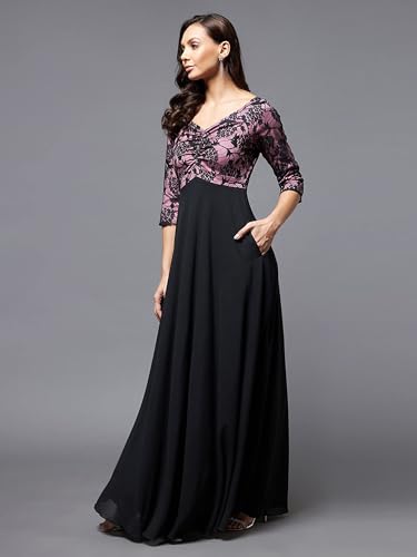 Image of Miss Chase Women's Sweet-Heart Neck 3 /4 Sleeve Self Design Fit & Flare Maxi Dress with Pockets