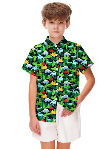 Image of Remimi Unisex Kids Hawaiian Button Up Shirt Boys Funny Print Aloha Beach Short Sleeve Tops 5-14 Years