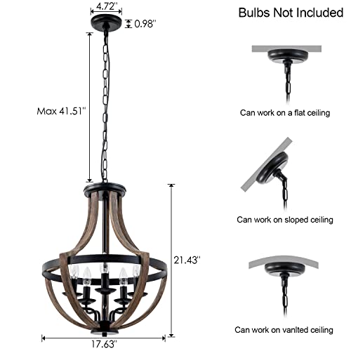 Vanzarla 5-Light Farmhouse Chandelier Wood Accent, Black Pendant Lighting For Kitchen Island, Rustic Light Fixture For Dining Room Entryway Hallway #TOP4