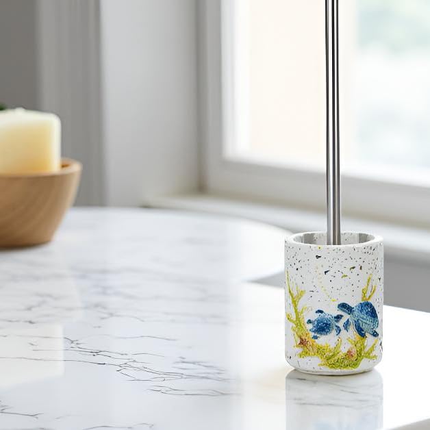 Image of 13-inch Cute Turtle Toilet Brush Holder - Resin Terrazzo Bowl Cleaner Set with Bottle, Blue Bathroom Storage Organizer