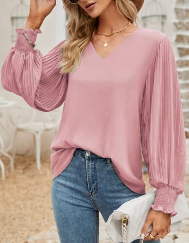 Womens Elegant V-Neck Chiffon Blouse, Loose Fit Lantern Sleeve Tunic Top, Dressy Holiday Shirt - Solid Pink #TOP1