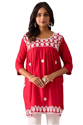 Image of Sidhidata Rayon Floral Embroidered Short Kurti | Short Anarkali Kurti for Girls | Women's Casual Sleeveless Printed Top | Tops for Women (Kurti Myra)