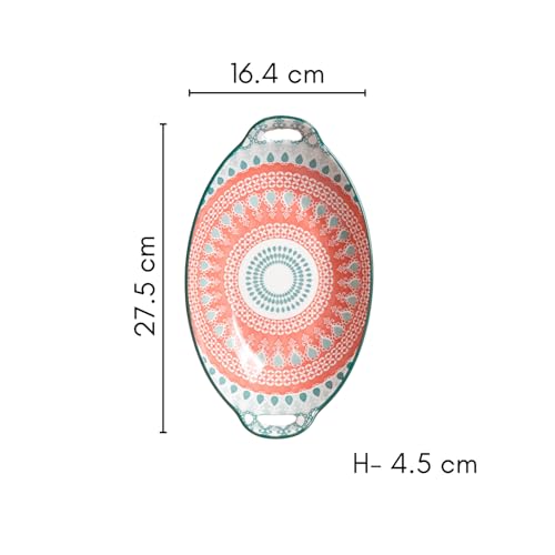 Image of Nestasia Set of 2 Mandala Ceramic Long Dish with Handles (10.8 Inch Each) - Elegant Oval Serving Platters for Snacks, Appetizers, Salads, and Noodles | Microwave & Dishwasher Safe (Red & Green)
