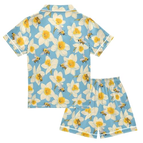 Daffodils Flower Bee Elegant Summer Pajamas Set Soft Satin Pjs Sets 2 Piece Short Sleeve Sleepwear Casual Clothes2