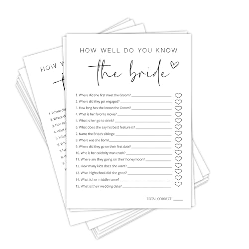 DTLGTG Fun Bridal Shower Games for 25 Guests - How Well Do You Know The Bride, Ready to Use Wedding Game Cards, Minimalist Set for Bachelorette & Engagement Parties