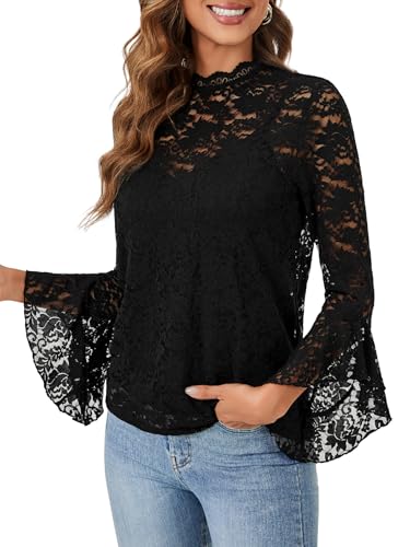 Vrtige Women's Elegant Lace Blouse Mock Neck Bell Long Sleeve Sheer Blouse Shirt Top3