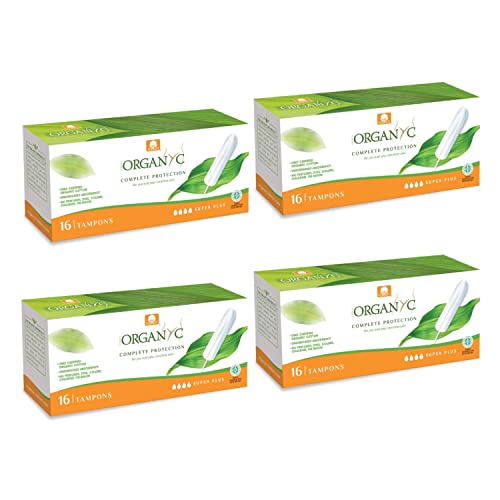 Organyc, Tampones de Algodón Certificado 100% Biológico para Sangrado Muy Abundante - 4 paquetes x 16 unidades (Total 64 unidades)