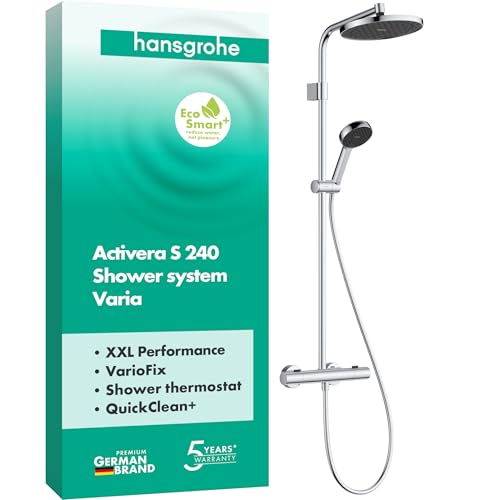 hansgrohe Activera S   sistema de ducha ahorro de agua (EcoSmart+) con termostato, ducha lluvia (240 mm) con grifo, ducha de mano (2 tipos de chorro), flexo, barra, ducha fija redonda, cromo, 28083000
