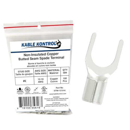 Kable Kontrol Copper Fork Terminals, 12-10 AWG, 100 Pcs, Stud Size #6, Non-Insulated Spade Terminals, Electrical Wire Studs, for Automotive, Industrial, Aerospace, HVAC Wiring - Silver