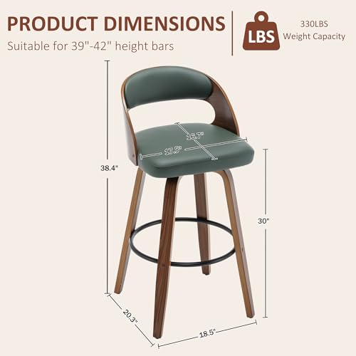 Image of AQG Swivel Bar stools Set of 1 Bar Chairs 30 inch Counter Height Mid-Century Modern Bentwood Barstool PU Leather Upholstered Bar Chair with Back and Footrest, for Bar, Cafe, Dining, Kitchen Island, Green