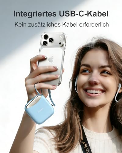 Power Bank Klein mit Kabels, PD20W QC22.5W Schnelllade 10000mAh USB C Powerbank, 4 Aus & 2 EIN, Klein Aber Stark Externe handyakkus für iPhone 16 15 13 Samsung S23 usw, Blau