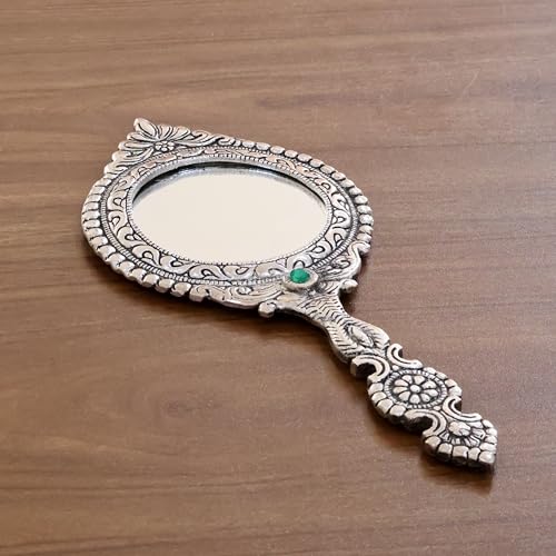 Image of KridayKraft Beautifully Carved Round Shape Silver Plating Hand Mirror for Makeup, Travelling, Salon Mirror & Decorative Mirror Antique Item for Wedding Gifts.