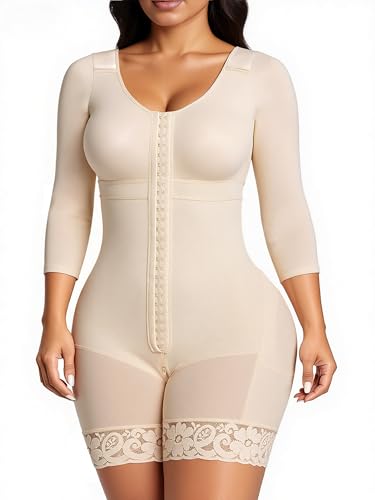 SHAPERX Women's Fajas Colombianas Shapewear Postpartum Tummy Control Arm Slimming Full Body Shaper with Zipper Crotch, SZ7503-Beige-S