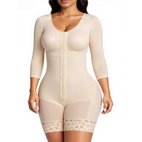 SHAPERX Women's Fajas Colombianas Shapewear Postpartum Tummy Control Arm Slimming Full Body Shaper with Zipper Crotch XX-Large Beige
