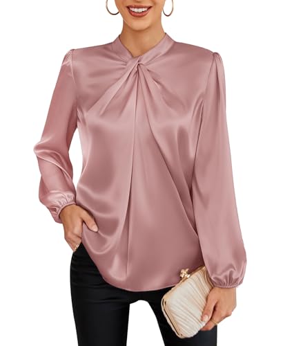 GRACE KARIN Women's Satin Silk Blouse Mock Neck Long Sleeve Fall Blouses 2023 Elegant Casual Office Work Dressy Shirts Tops Pink L