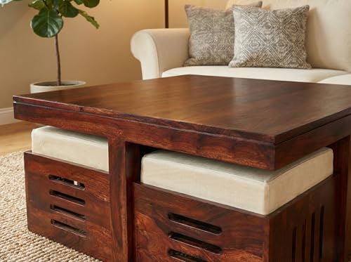 Image of Soild Sheesham Wood Centre Coffee Table with 4 Stools for Living Room Hall Bedroom Office|Wooden Center Coffee Table for Outdoor Garden Home | (Mahogany Finish)