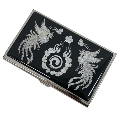 Image of Mother of Pearl Business Card Case Credit Id Name Holder Travel Wallet Art Painting Design Metal Stainless Steel Engraved Slim Purse Pocket Cash Money Wallet (Phoenix)
