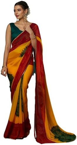 SIRIL Women's Georgette Bandhani Printed Saree With Unstitched Blouse Piece