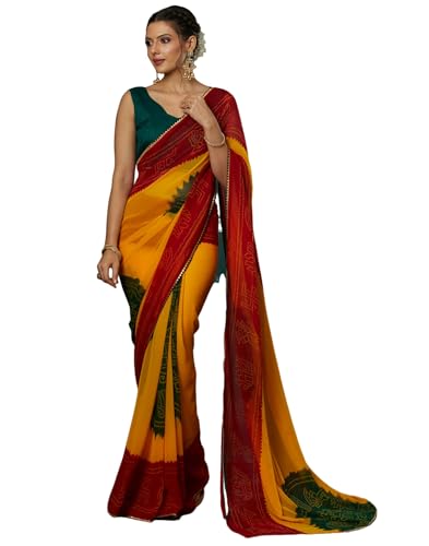 SIRIL Women's Georgette Bandhani Printed Saree With Unstitched Blouse Piece