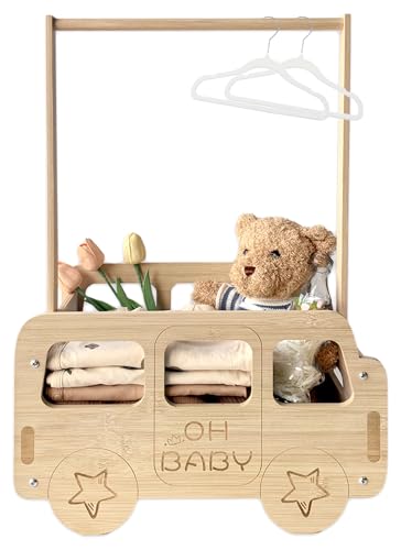 Image of fun-plus Baby Shower Crate Closet, Bus Shape Baby Shower Basket with Handle Baby Storage Crate, Wooden Crate for Pregnancy New Parent (Bamboo made)