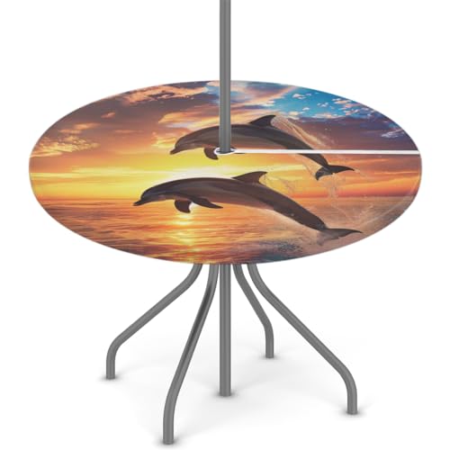 YPPAHHHH Round Outdoor Fitted Tablecloth with Umbrella Hole, Dolphin Sunset Elastic Table Cloth Ocean Dolphin Waterproof Table Cover with Zipper for Patio Picnic, 45