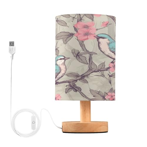 SDMKA Birds and Flower Bedside Table Lamp for Bedroom, Minimalist Nightstand Lamp with Round Fabric Shade for Living Room, Office, No Bulb Required