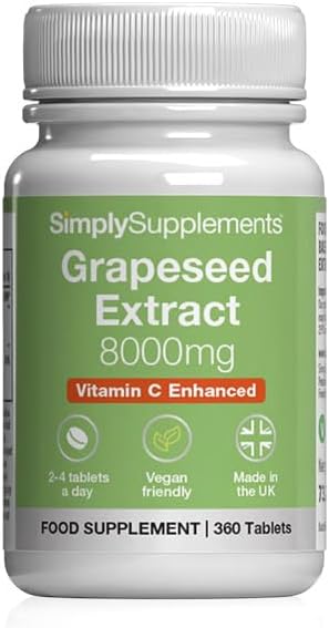 Grapeseed Extract 8000mg | High-Strength Standardised Formula with Vitamin C | Supports Cellular Protection & Collagen Formation | Vegan-Friendly | 360 Tablets = 3 Months’ Supply | UK-Made
