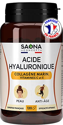 ACIDE HYALURONIQUE & COLLAGÈNE MARIN - Enrichi en Vitamines C & E - 2 mois de cure - Anti-rides 100% Naturel - Anti-âge et Articulations - 120 gélules - Fabriqué en France
