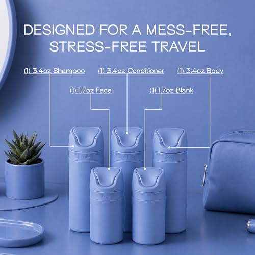 Image of RIES Essential Refillable Toiletry Travel Bottles Airless Pump Set | TSA Approved, Leak Proof Airless Pump, BPA Free Recycled Plastic, 5 Piece Blue Color Set, Dishwasher Safe