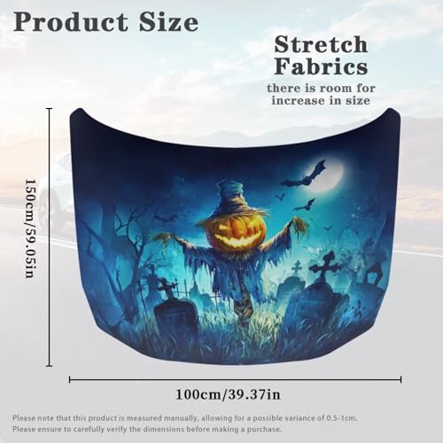 Image of Pumpkin Head Scarecrow Print Car Hood Cover Waterproof Car Hood Protector Stretchable Halloween Automotive Outdoor Decorations for Compact Sedans SUV Trucks (59x39 Inch)