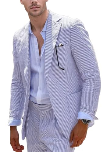 Blue Seersucker Suit for Men 2 Piece Summer Lightweight Slim Fit Casual Wedding Blazer Dress Pants for Groomsmen Beach Party XS