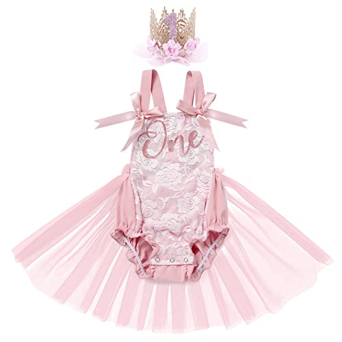 Image of Baby Girl 1st Birthday Outfit Lace Tulle Romper Princess Tutu Dress Headband Shiny ONE Cake Smash Photo Shoot Clothes