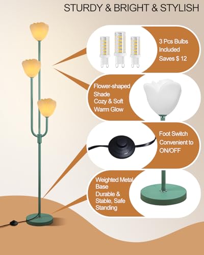 Image of Lightdot 66IN Flower Floor Lamp 3-Lights Vintage Floor Lamps with Bulbs Included for Wedding Party Modern Dimmable Green Standing Tall Lamp with 5Lbs Heavy Base for Living Room /Bedroom /Home Decor
