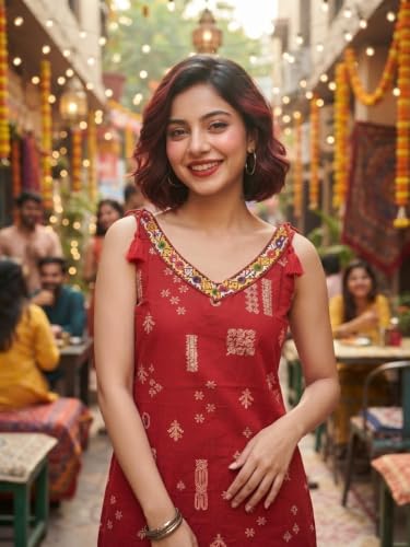 Image of Short Kurti for Women | Cotton Tops for Women | Stylish Strap Kurtis for Woman | Sleeveless Casual for Jeans | Printed Kurtas for Office Casual
