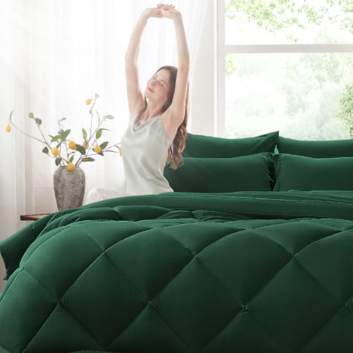 Anluoer King Comforter Set,Emerald Green Bed in a Bag 7 Piece,Lightweight Bedding Set with Soft Down Alternative Fill,Bed Set Includes Comforter, Fitted Sheet, Flat Sheet,Pillowcases and Shams