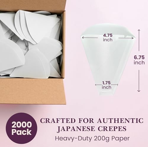 Friteshop White Japanese Crepe Wrappers – Disposable Food-Safe Cones for Crepes, Desserts – Heavy Duty Paper Food Containers – Easy-Tear Perforated Front – For Food Trucks & Catering - 100 pack