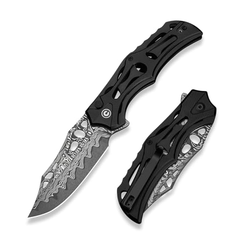Image of CIVIVI Biophase Pocket Folding Knife for Men, 3.48 inch Damascus Blade Aluminum Handle, Lightweight Skeletonized Flipper Knife for Tactical Survival C23083-DS1 (Black)