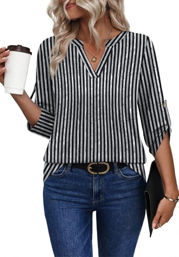 Image of XIEERDUO 3 /4 Length Sleeve Womens Tops V Neck T Shirts Both Side Buttons Blouses Business Casual Outfits Loose Fit