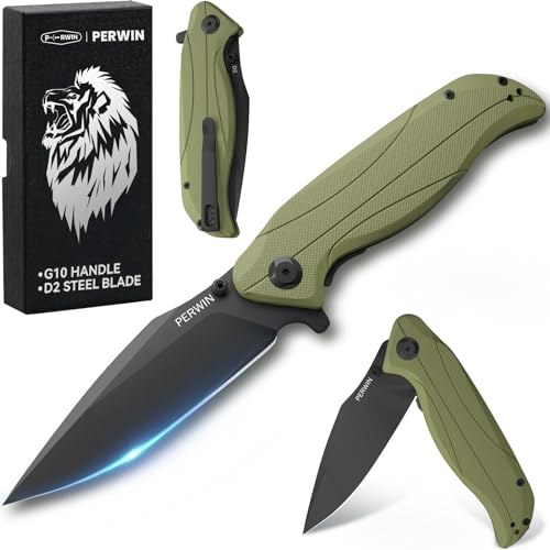 PERWIN Pocket Knife - Folding Knife with Pocket Clip, EDC Knife for Men, D2 Blade G10 Handle, Gift for Men Husband Boy Grandfather, Olive Green