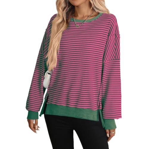 Womens Striped Long Sleeve Shirt Waffle Knit Crewneck Oversized Sweatshirt - image 2