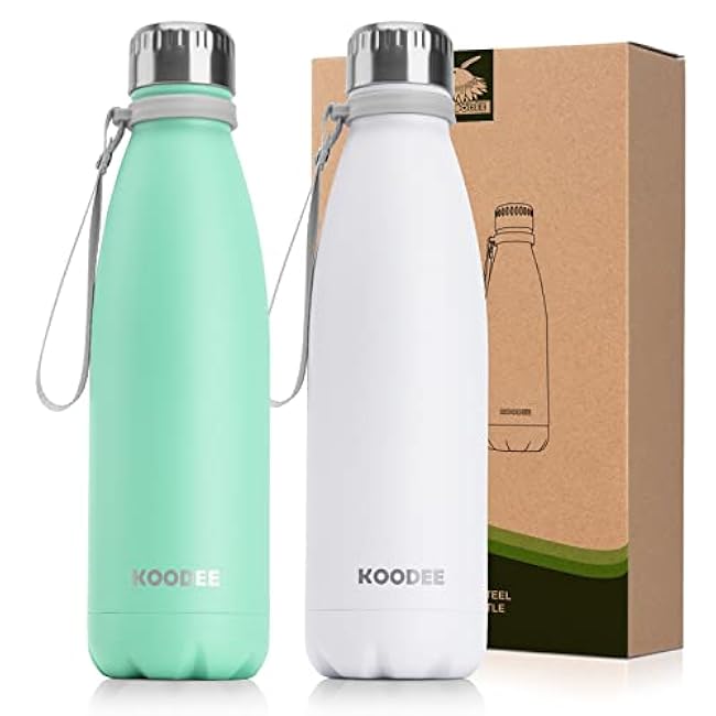 koodee Kids Insulated Water Bottle 2 Pack-17 oz Stainless Steel Double Wall Vacuum Insulated Water Bottle for School, Cola Shape Leak Proof Sports Flask (Aquamarine Blue-Sky Blue)