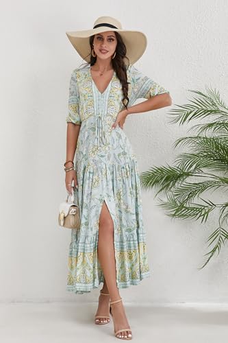 Image of Women Short Sleeve V Neck Floral Print Casual Bohemian Maxi Dresses