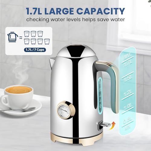 Image of SUSTEAS Electric Kettle - 57oz Hot Tea Water Boiler with Thermometer, 1500W Fast Heating Stainless Steel Pot, Cordless LED Indicator, Auto Shut-Off & Boil Dry Protection, Glossy Silver